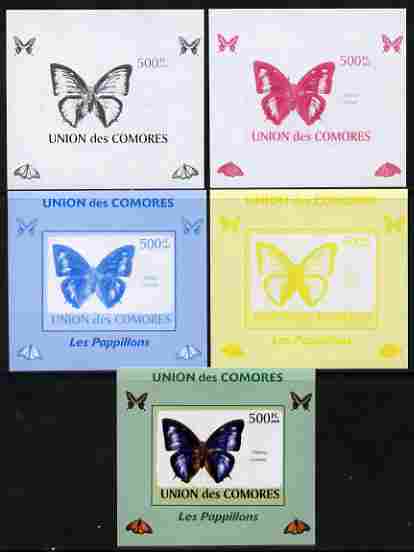 Comoro Islands 2009 Butterflies #3 individual deluxe sheet - the set of 5 imperf progressive proofs comprising the 4 individual colours plus all 4-colour composite, unmounted mint