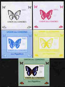 Comoro Islands 2009 Butterflies #3 individual deluxe sheet - the set of 5 imperf progressive proofs comprising the 4 individual colours plus all 4-colour composite, unmounted mint
