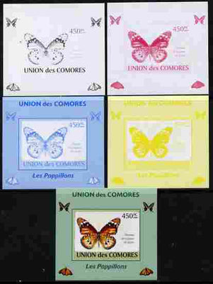 Comoro Islands 2009 Butterflies #4 individual deluxe sheet - the set of 5 imperf progressive proofs comprising the 4 individual colours plus all 4-colour composite, unmounted mint