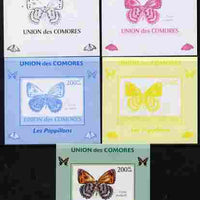 Comoro Islands 2009 Butterflies #5 individual deluxe sheet - the set of 5 imperf progressive proofs comprising the 4 individual colours plus all 4-colour composite, unmounted mint