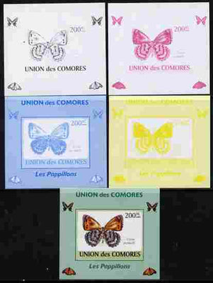 Comoro Islands 2009 Butterflies #5 individual deluxe sheet - the set of 5 imperf progressive proofs comprising the 4 individual colours plus all 4-colour composite, unmounted mint
