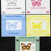 Comoro Islands 2009 Butterflies #6 individual deluxe sheet - the set of 5 imperf progressive proofs comprising the 4 individual colours plus all 4-colour composite, unmounted mint