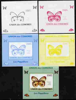 Comoro Islands 2009 Butterflies #6 individual deluxe sheet - the set of 5 imperf progressive proofs comprising the 4 individual colours plus all 4-colour composite, unmounted mint