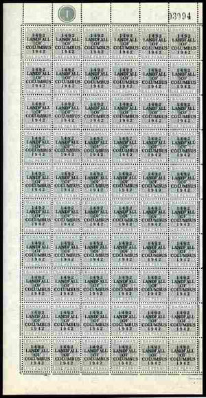 Bahamas 1942 KG6 Landfall of Columbus 1d pale slate complete left pane of 60 including plate varieties R1/1 & R 10/1 (damaged corners), R5/6 (Damaged O), R7/1 (Split P), R10/3 (Notched E), R10/5 (Distorted N) plus overprint variet……Details Below