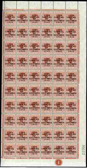 Bahamas 1942 KG6 Landfall of Columbus 1.5d red-brown complete right pane of 60 including plate varieties R10/6 (Sliced C) plus overprint varieties incl R1/2 (Flaw on N), R2/4 (Broken F), R3/2 (Flaw in second U), R9/4 (Dot in U), R……Details Below
