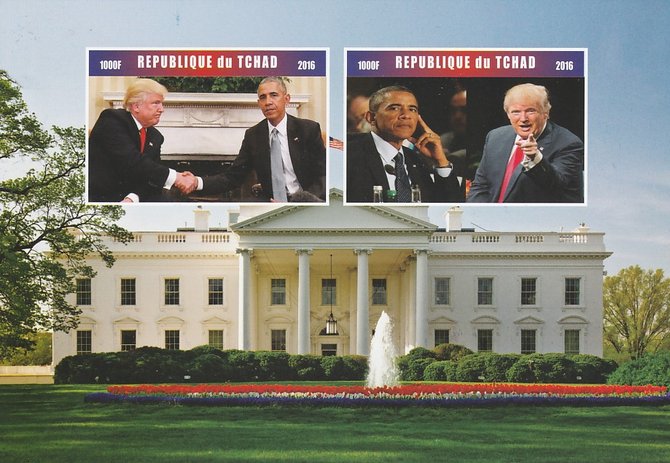 Chad 2016 Donald Trump & Barack Obama imperf sheetlet containing 2 values unmounted mint. Note this item is privately produced and is offered purely on its thematic appeal. .