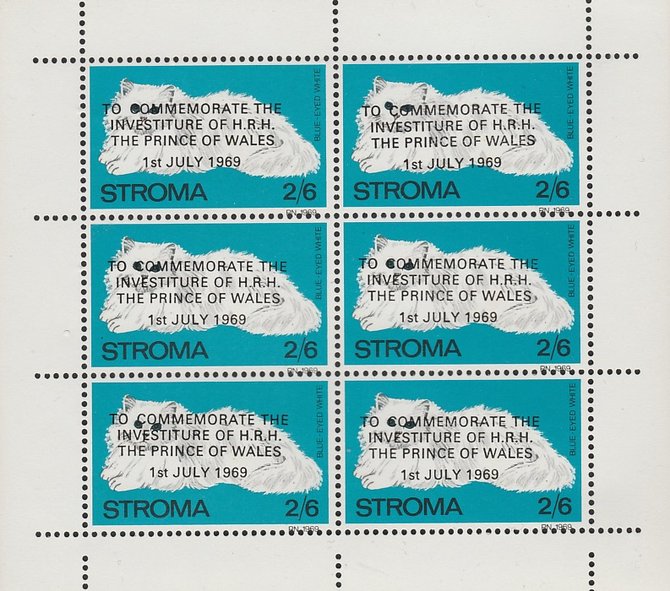 Stroma 1969 Cats 2s6d Blue Eyed White opt'd for Investiture of Prince of Wales complete perf sheetlet of 6 unmounted mint