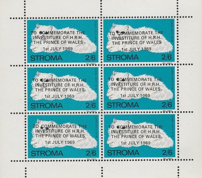 Stroma 1969 Cats 2s6d Blue Eyed White opt'd for Investiture of Prince of Wales complete perf sheetlet of 6 unmounted mint