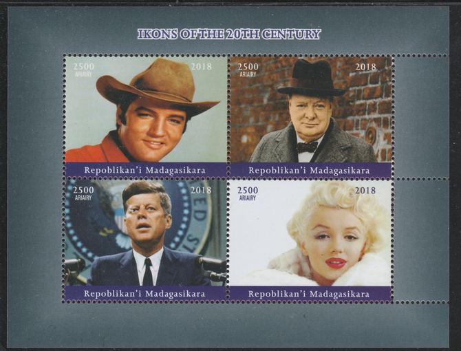 Madagascar 2018 Icons of 20th Century (Elvis, Churchill, Kennedy & Marilyn) perf sheetlet containing 4 values unmounted mint. Note this item is privately produced and is offered purely on its thematic appeal.