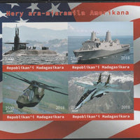 Madagascar 2018 American Military (Submarine,Cruiser, Helicopter & Jet) imperf sheetlet containing 4 values unmounted mint. Note this item is privately produced and is offered purely on its thematic appeal.