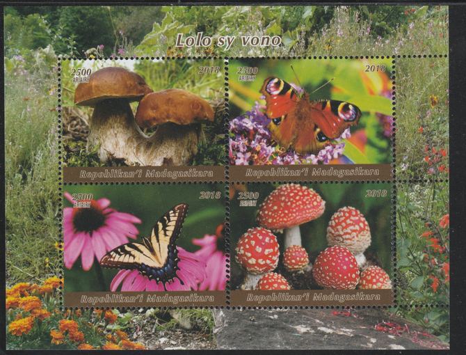 Madagascar 2018 Fungi & Butterflies perf sheetlet containing 4 values unmounted mint. Note this item is privately produced and is offered purely on its thematic appeal.