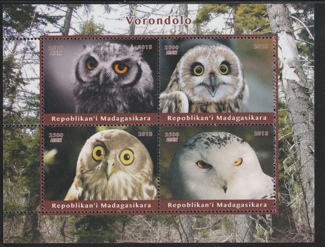 Madagascar 2018 Owls perf sheetlet containing 4 values unmounted mint. Note this item is privately produced and is offered purely on its thematic appeal.