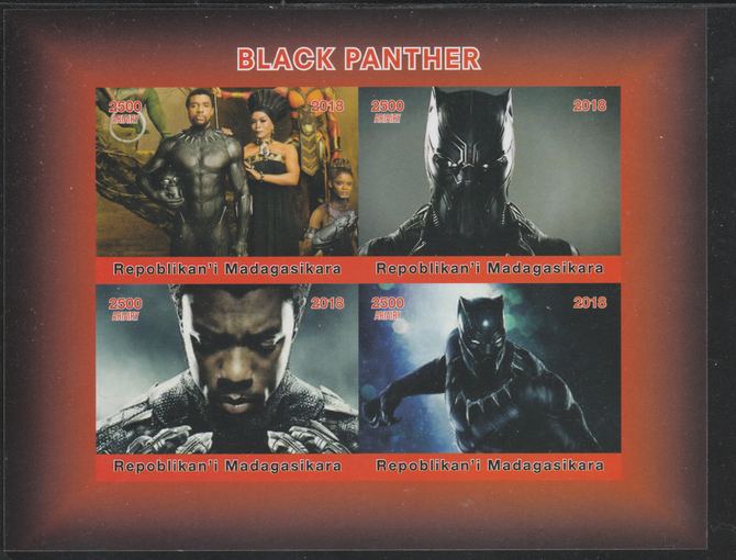 Madagascar 2018 Black Panther imperf sheetlet containing 4 values unmounted mint. Note this item is privately produced and is offered purely on its thematic appeal.