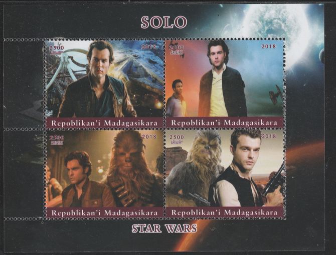 Madagascar 2018 Star Wars - Solo perf sheetlet containing 4 values unmounted mint. Note this item is privately produced and is offered purely on its thematic appeal.