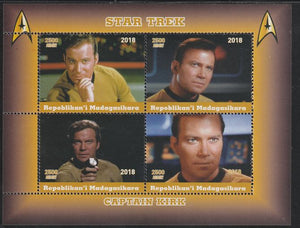 Madagascar 2018 Star Trek - Captain Kirk perf sheetlet containing 4 values unmounted mint. Note this item is privately produced and is offered purely on its thematic appeal.