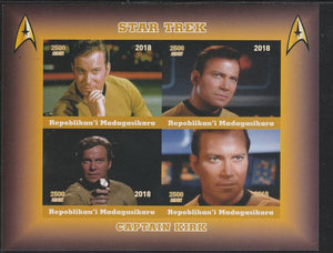 Madagascar 2018 Star Trek - Captain Kirk imperf sheetlet containing 4 values unmounted mint. Note this item is privately produced and is offered purely on its thematic appeal.