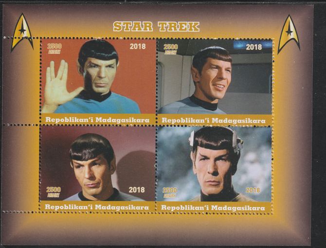 Madagascar 2018 Star Trek - Spok perf sheetlet containing 4 values unmounted mint. Note this item is privately produced and is offered purely on its thematic appeal.