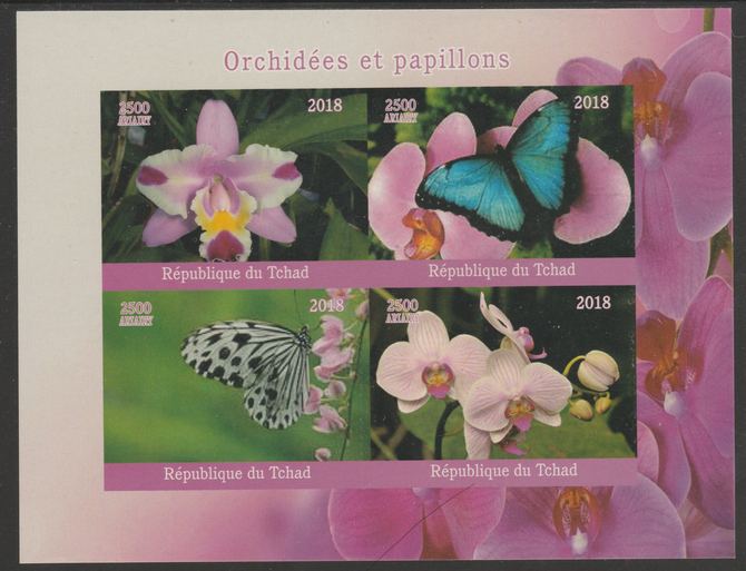 Chad 2018 Orchids & Butterflies imperf sheetlet containing 4 values unmounted mint. Note this item is privately produced and is offered purely on its thematic appeal, it has no postal validity