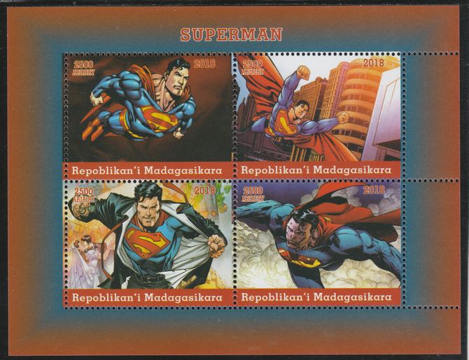 Madagascar 2018 Superman perf sheetlet containing 4 values unmounted mint. Note this item is privately produced and is offered purely on its thematic appeal.