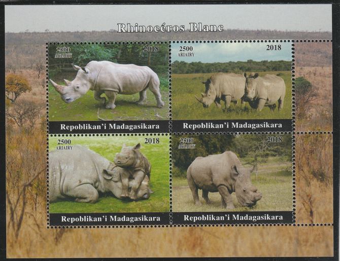 Madagascar 2018 Rhinos perf sheetlet containing 4 values unmounted mint. Note this item is privately produced and is offered purely on its thematic appeal.