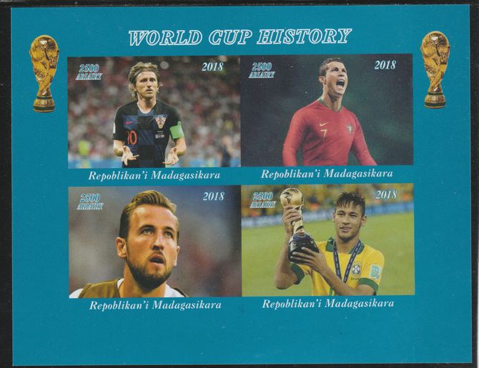 Madagascar 2018 Football - World Cup History imperf sheetlet containing 4 values unmounted mint. Note this item is privately produced and is offered purely on its thematic appeal.
