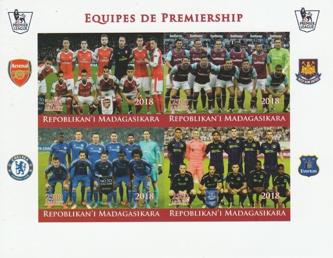 Madagascar 2018 Premier League Football Teams #1 imperf sheetlet containing 4 values unmounted mint. Note this item is privately produced and is offered purely on its thematic appeal.