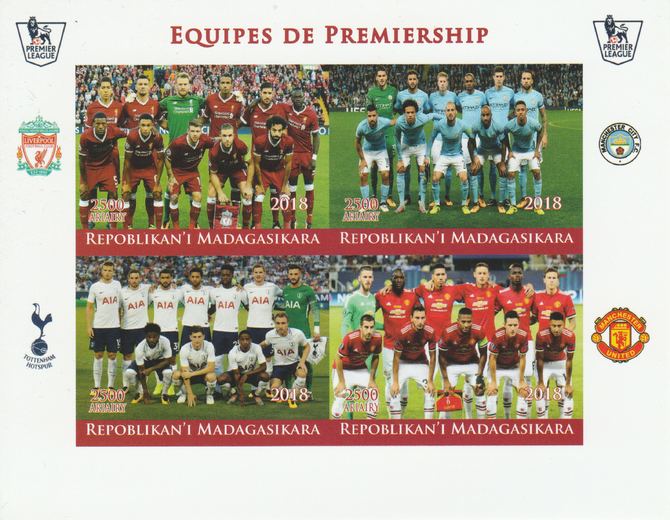 Madagascar 2018 Premier League Football Teams #2 imperf sheetlet containing 4 values unmounted mint. Note this item is privately produced and is offered purely on its thematic appeal.