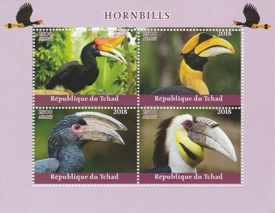 Chad 2018 Hornbill Birds perf sheetlet containing 4 values unmounted mint. Note this item is privately produced and is offered purely on its thematic appeal.