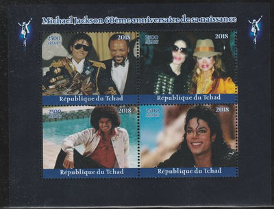 Chad 2018 Michael Jacksin 60th Birth Anniv perf sheetlet containing 4 values unmounted mint. Note this item is privately produced and is offered purely on its thematic appeal.