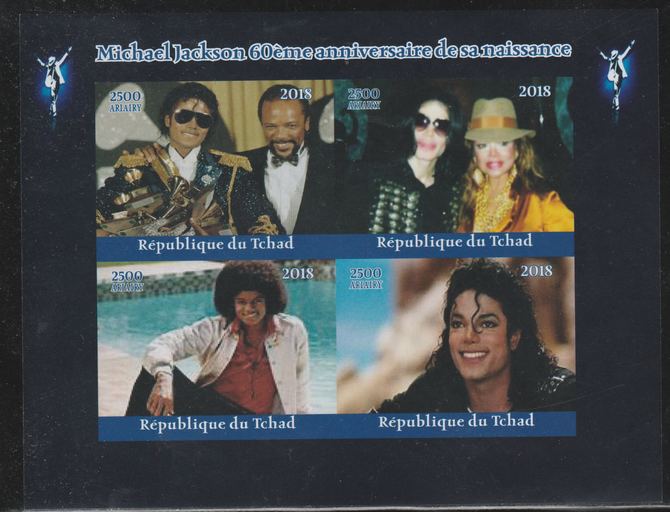 Chad 2018 Michael Jackson 60th Birth Anniv imperf sheetlet containing 4 values unmounted mint. Note this item is privately produced and is offered purely on its thematic appeal.