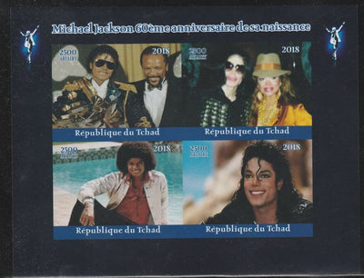 Chad 2018 Michael Jackson 60th Birth Anniv imperf sheetlet containing 4 values unmounted mint. Note this item is privately produced and is offered purely on its thematic appeal.