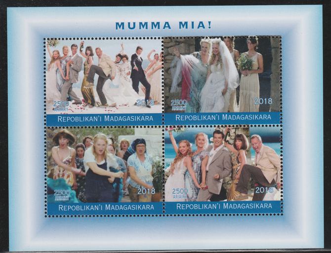 Madagascar 2018 Mamma Mia (Abba) perf sheetlet containing 4 values unmounted mint. Note this item is privately produced and is offered purely on its thematic appeal.