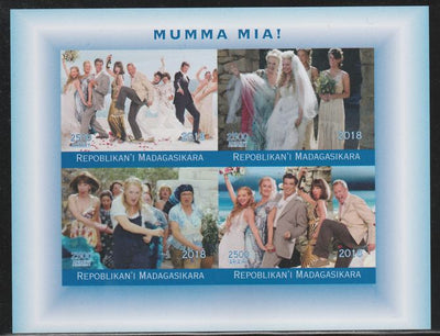 Madagascar 2018 Mamma Mia (Abba) imperf sheetlet containing 4 values unmounted mint. Note this item is privately produced and is offered purely on its thematic appeal.