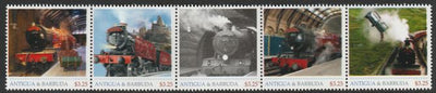 Antigua & Barbuda unissued Steam Locomotives perforated strip of 5 essays produced on official blank stamp paper unmounted mint, apparently no more than 15 strips exist. Slight offset on gummed side