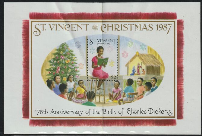 St Vincent 1987 Christmas (Charles Dickens) m/sheet (Teacher reading to Class) $5 stamp perf on 3 sides only (imperf at top) unmounted mint but creased.,(ex Format archives)
