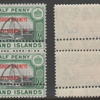 Falkland Islands Dependencies - South Orkneys 1944 KG6 1/2d black & green jnmounted mint vertical pair with perforations doubled (stamps are quartered). Note: the stamps are genuine but the additional perfs are a slightly differen……Details Below