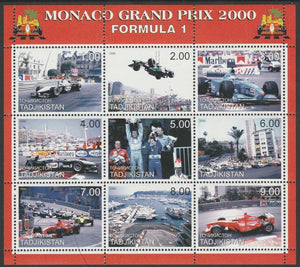 Tadjikistan 2000 Formula 1 - Monaco Grand Prix perf sheetletcontaining 9 values unmounted mint. Note this item is privately produced and is offered purely on its thematic appeal, it has no postal validity