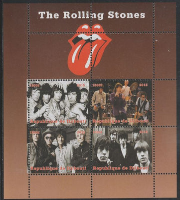 Djibouti 2015 The Rolling Stones perf sheetlet containing 4 values unmounted mint. Note this item is privately produced and is offered purely on its thematic appeal, it has no postal validity