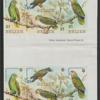 Belize 1984 Parrots set of 4 - two imperforate se-tenant blocks with gutter between from one of very few known uncut proof sheets,,minor gum disturbances and folded through gutter, as SG 806a