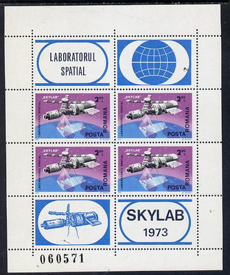 Rumania 1974 Skylab Space Laboratory m/sheet containing block of 4 & 4 labels unmounted mint, as SG 4119, Mi BL 117