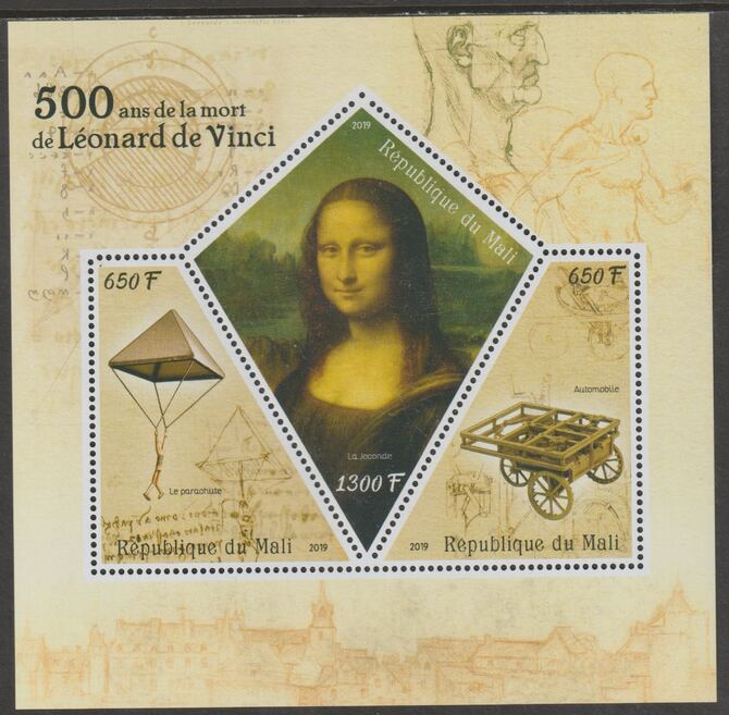 Mali 2019 Leonardo da Vinci 500th Death Anniversary perf sheet containing three shaped values unmounted mint