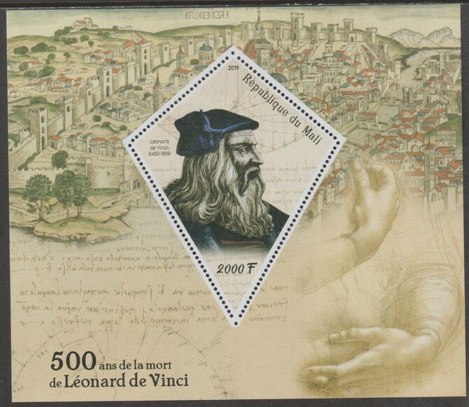 Mali 2019 Leonardo da Vinci 500th Death Anniversary perf deluxe sheet containing one diamond shaped value unmounted mint