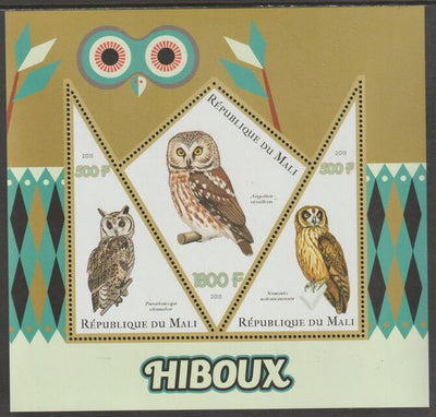 Mali 2015 Owls perf sheet containing three shaped values unmounted mint