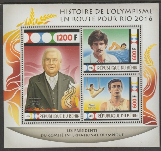 Benin 2015 Rio Olympics - History #3 perf sheet containing three values unmounted mint