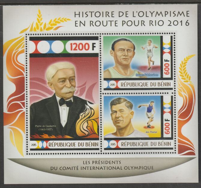 Benin 2015 Rio Olympics - History #5 perf sheet containing three values unmounted mint
