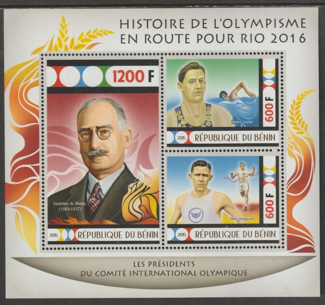 Benin 2015 Rio Olympics - History #7 perf sheet containing three values unmounted mint