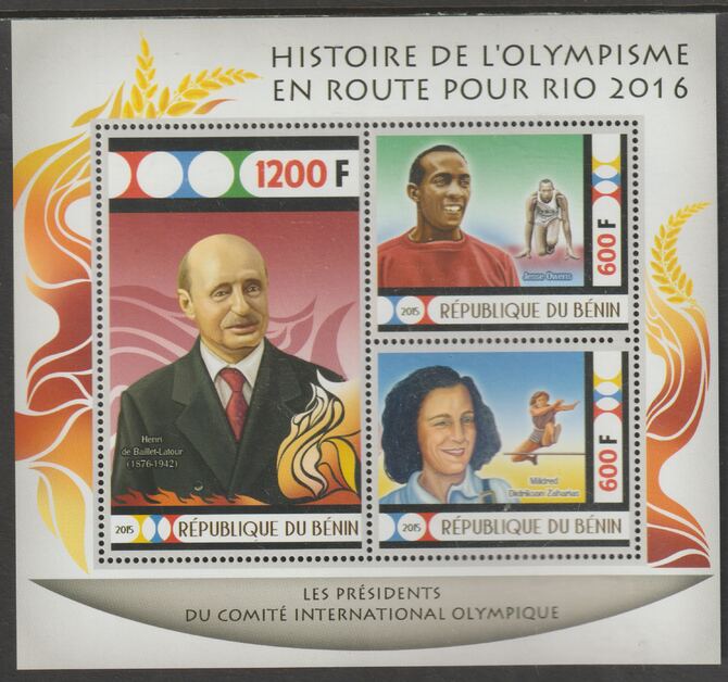 Benin 2015 Rio Olympics - History #8 perf sheet containing three values unmounted mint