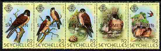 Seychelles 1980 Birds 2nd Issue - Kestrel perf strip of 5 each overprinted SPECIMEN unmounted mint SG 463s-67s