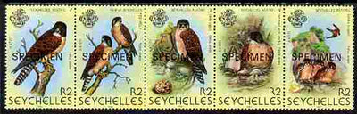Seychelles 1980 Birds 2nd Issue - Kestrel perf strip of 5 each overprinted SPECIMEN unmounted mint SG 463s-67s