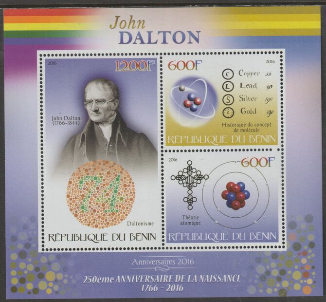 Benin 2016 John Dalton - Atomics perf sheet containing three values unmounted mint